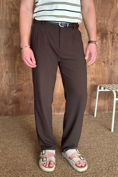 Erkek Pileli Baggy Kalıp Kumaş Pantolon ACIKAHVE