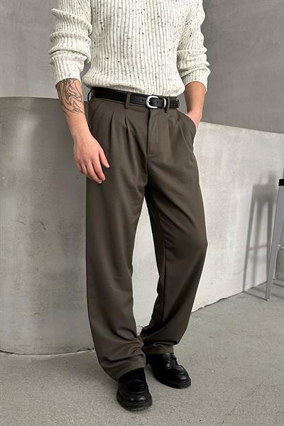 Erkek Pileli Baggy Kalıp Kumaş Pantolon HAKİ