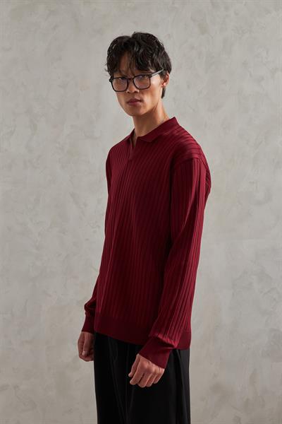 Erkek Polo Yaka Fitilli Oversize Triko Kazak Bordo