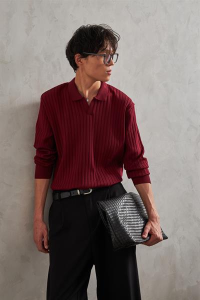 Erkek Polo Yaka Fitilli Oversize Triko Kazak Bordo