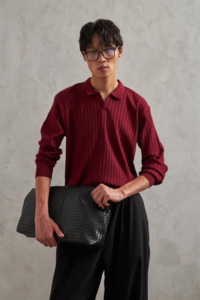 Erkek Polo Yaka Fitilli Oversize Triko Kazak Bordo