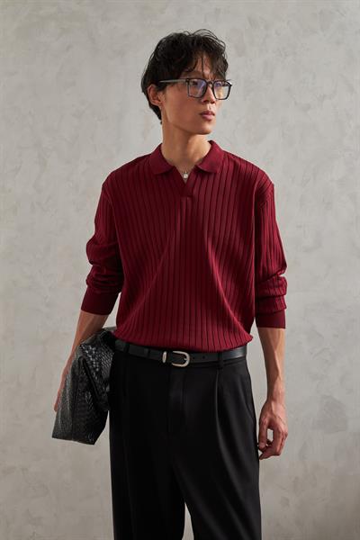 Erkek Polo Yaka Fitilli Oversize Triko Kazak Bordo