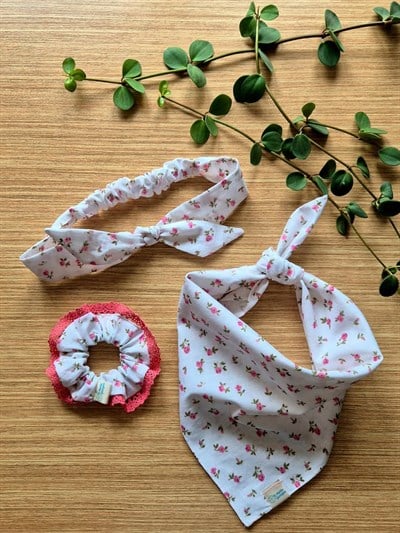 Pembe Çiçekli Fular – Lastikli Toka – Bandana Seti