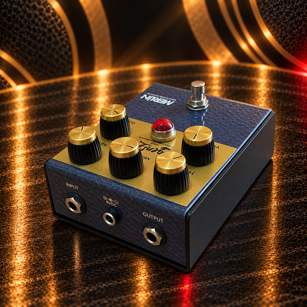 Legendrive overdrive and distortion pedal on a rock-inspired studio surface
