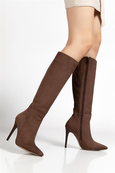 LS-226 Kahve Süet Fermuarlı Lastikli İnce Yüksek Topuklu Kadın Çizme
