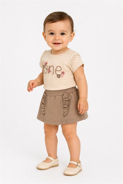 Kız Bebek 2'li Yazlık Takım One Nakışlı Dantelli Tişört ve Fırfırlı Etek Görünümlü Şort (Skort) 6-9-12-18-24 Aylık