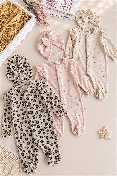 Kız Bebek 3'lü Tulum Set Bandanalı Leopar Kalp Desenli Fırfırlı Uzun Kollu Çıtçıtlı (0-3ay) %100pamuk