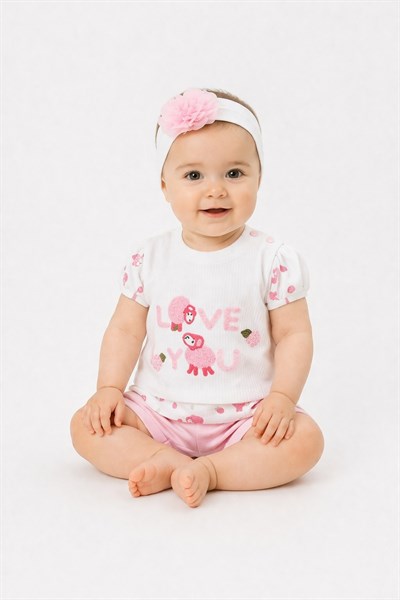 Kız Bebek 3lü Yazlık Takım %100pamuk Love You Kuzu Nakışlı Tişört+Şort+Bandana Set 0-3-6-9Aylık