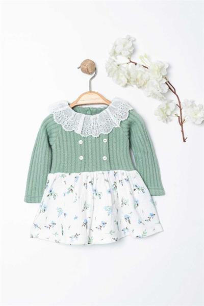 Kız Bebek Dantel Yakalı Üstü Örme Triko Altı Müslin Elbise Vintage 3-6-9-12-18-24ay