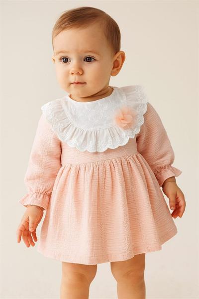 Kız Bebek Fırfırlı Dantel Yaka Uzun Kollu Mevsimlik Elbise Baharlık Şık Model 3-6-9-12-18-24ay