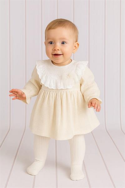 Kız Bebek Fırfırlı Dantel Yaka Uzun Kollu Mevsimlik Elbise Baharlık Şık Model 3-6-9-12-18-24ay