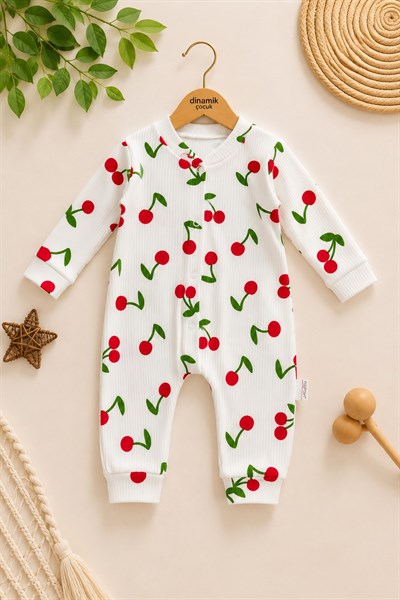 Kız Bebek İri Kirazlı Rapor Baskılı Bebek Tulumu Fitilli Çıtçıtlı Yenidoğan %100 Pamuk 1-3-6 Aylık