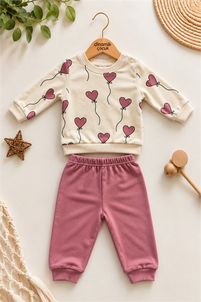 Kız Bebek Kalp Balon Desenli Sweatshirt ve Eşofman Altı 2'li Takım 3-12ay