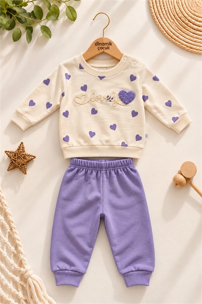 Kız Bebek Kalp Desenli Lovely Nakışlı 2'li Alt Üst Eşofman Takımı 3-6-9-12ay