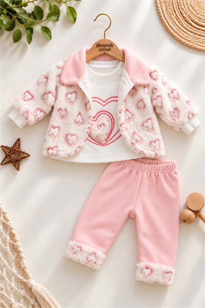 Kız Bebek Kalp Desenli Peluş Ceketli 3'lü Takım Uzun Kollu Sweatshirt ve Eşofman Altı