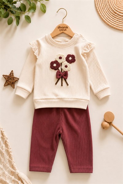 Kız Bebek Papatyalı Fiyonklu 2li Alt Üst Takım Süzene Nakışlı Fitilli 2iplik Mevsimlik 3-6-9-12AY
