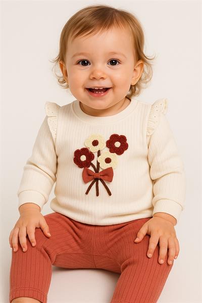 Kız Bebek Papatyalı Fiyonklu 2li Alt Üst Takım Süzene Nakışlı Fitilli 2iplik Mevsimlik 3-6-9-12AY