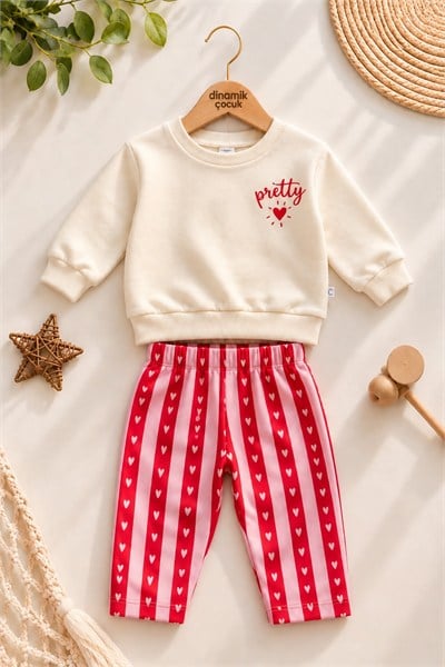 Kız Bebek Pretty Kalp Baskılı Sweatshirt ve Çizgili Kalp Desenli Bol Paça Alt Eşofman 2'li Takım 9-24ay