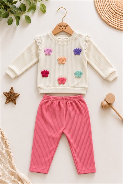 Kız Bebek Renkli Kelebek Nakışlı Fırfırlı Fitilli Sweatshirt ve Eşofman 2'li Takım 3-12ay