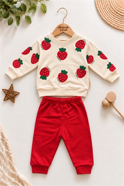 Kız Bebek Taşlı Çilek Baskılı  2'li Alt Üst Takım Sweatshirt ve Kırmızı Alt Eşofman 6-18ay