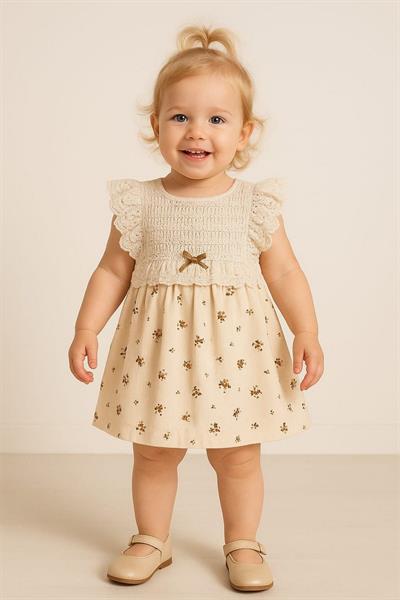 Kız Bebek Vintage Zarif Dantel Yaka Detaylı Çiçek Desenli Elbise Yazlık Şık Model 3-6-9-12-18-24ay