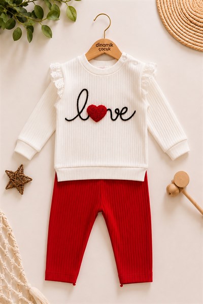 Kız Bebek/Çocuk Love Kalp Nakışlı Omuzdan Çıtçıtlı Bebek Takımı 2li Alt Üst Mevsimlik Aylık 3-6-9-12