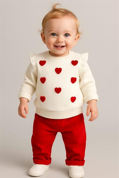 Kız Bebek/Çocuk Love Kalp Nakışlı Omuzdan Çıtçıtlı Bebek Takımı 2li Alt Üst Mevsimlik Aylık 3-6-9-12