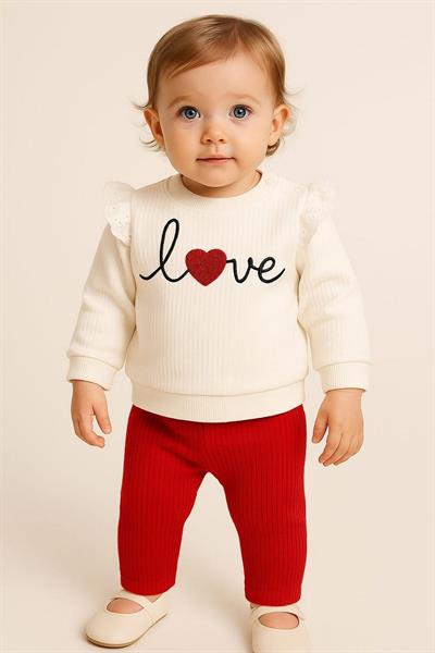 Kız Bebek/Çocuk Love Kalp Nakışlı Omuzdan Çıtçıtlı Bebek Takımı 2li Alt Üst Mevsimlik Aylık 3-6-9-12