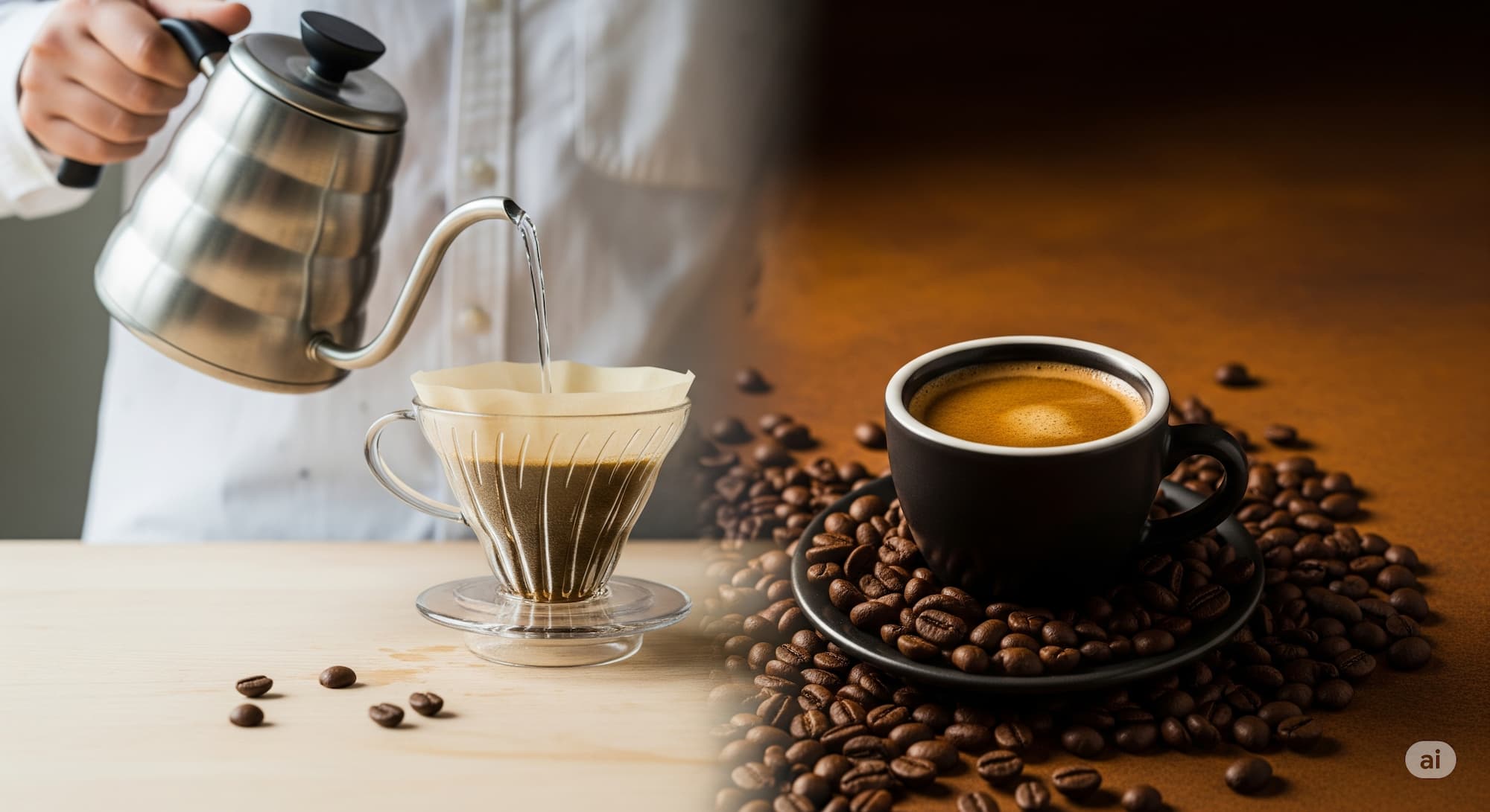 Arabica ile Robusta kahve çekirdeklerinin farkını anlatan filtre kahve ve espresso