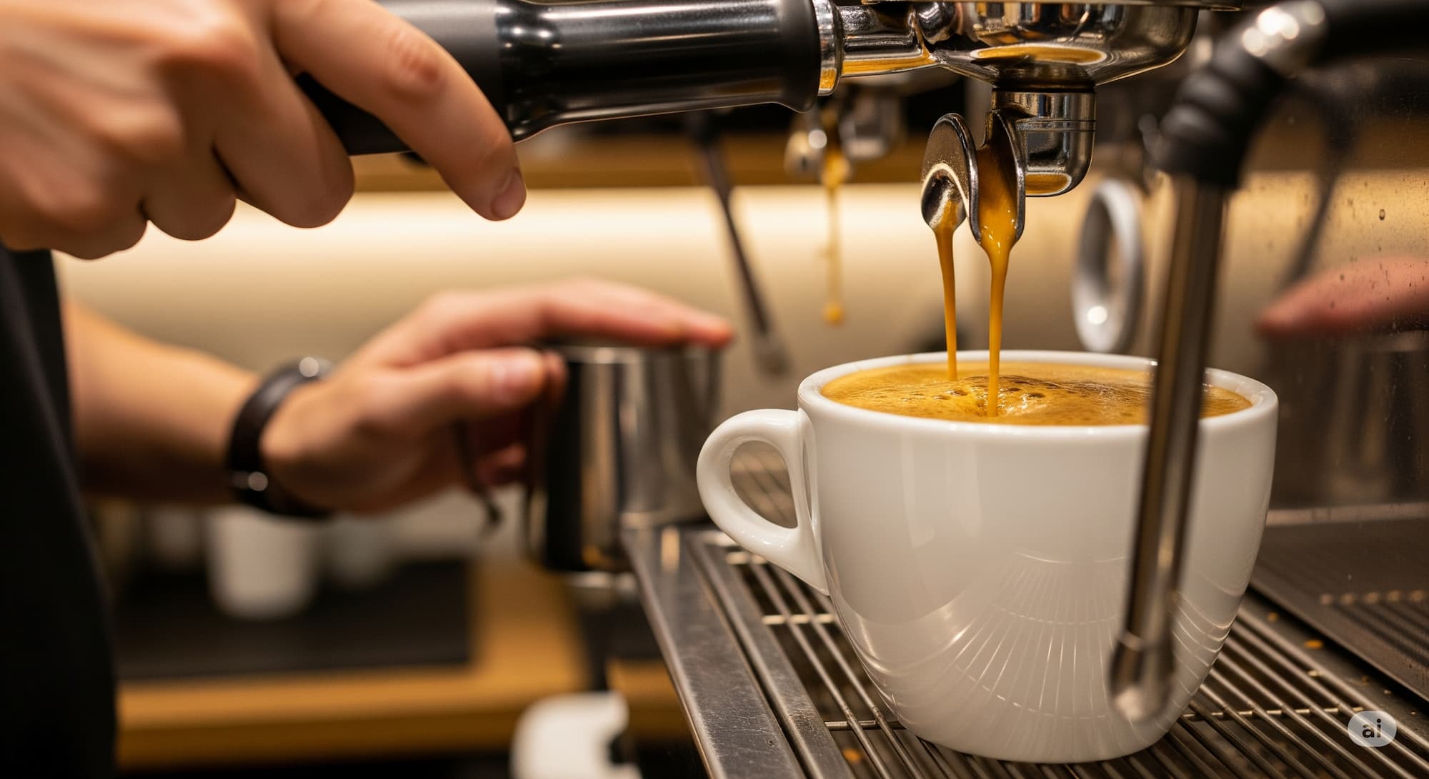 Kahve makinesinde köpüklü kahve yapımı, kremalı espresso akışı