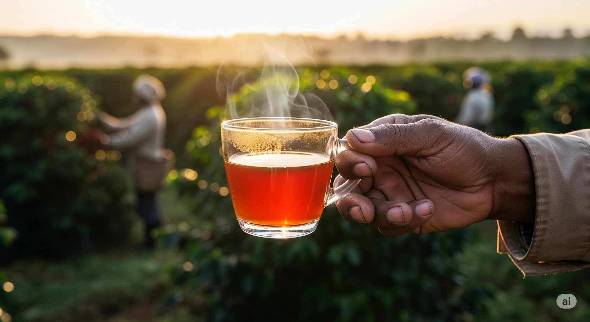Kenya filtre kahvesinin özellikleri, kahve bahçesinde bir bardak filtre kahve
