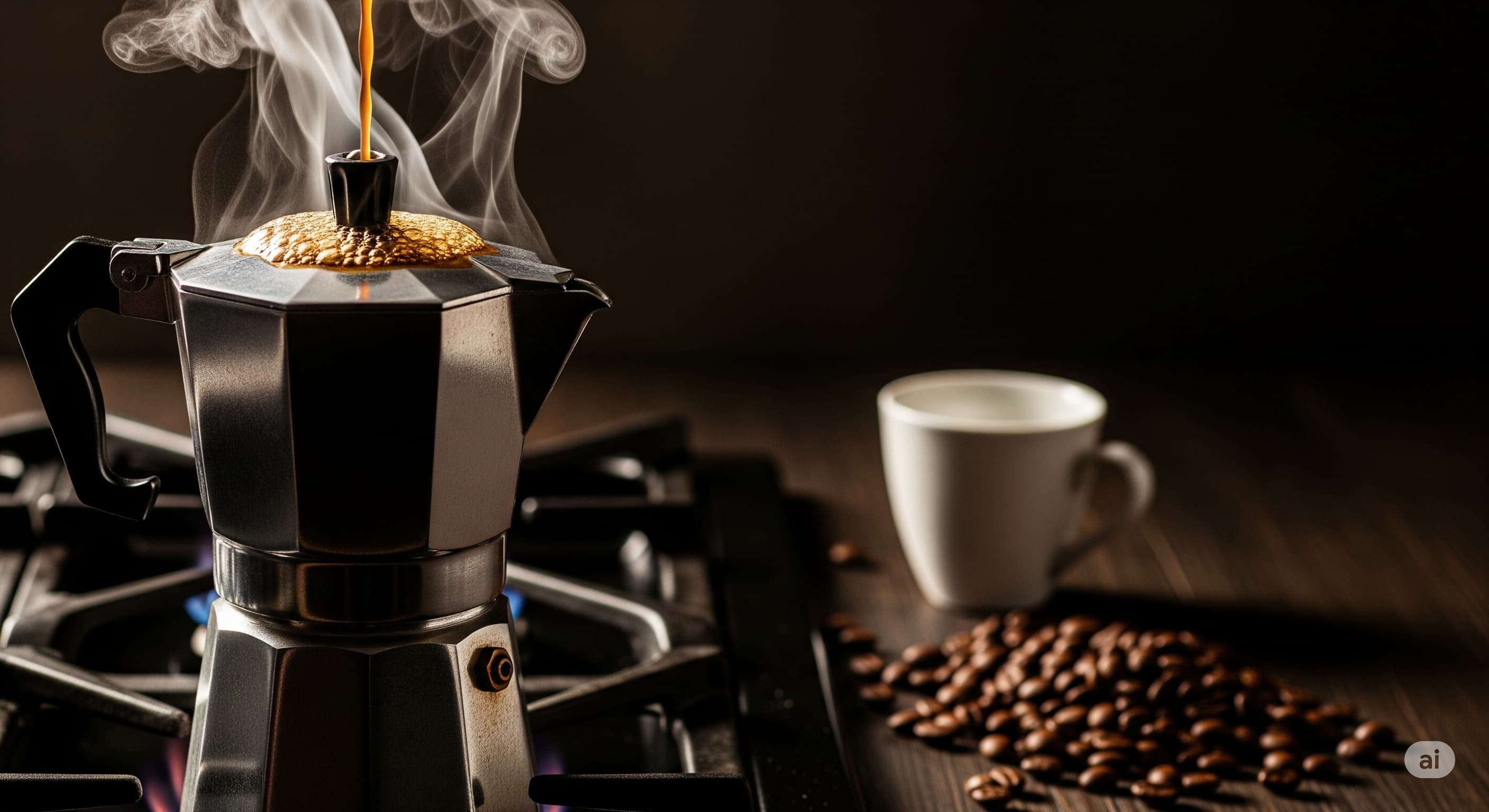 Moka pot nedir ve ne işe yarar, ocakta siyah moka pot ve fincan