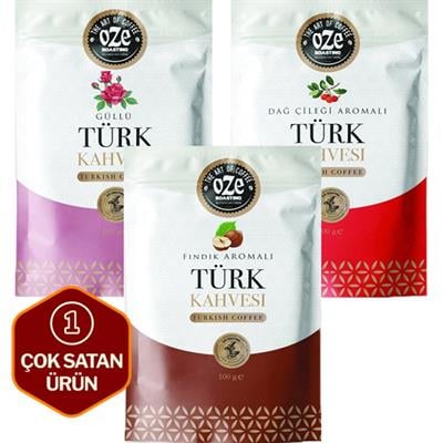 Aromalı Türk Kahvesi Seti Dağ Çilekli, Güllü, Fındıklı 3lü 100G