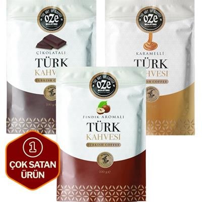 Aromalı Türk Kahvesi Seti Karamelli, Fındıklı, Çikolatalı 3lü 100G