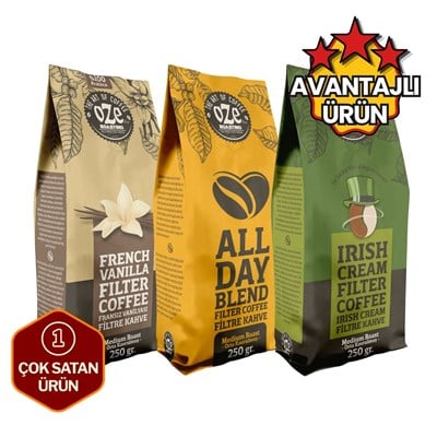 Aromalı Filtre Kahve Tanışma Seti 3 x 250 g (Vanilya, Irish Cream, All Day Blend)