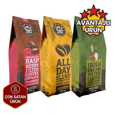 Aromalı Filtre Kahve Tanışma Seti 3 x 250 g (Çikolata Frambuaz, Irish Cream, All Day Blend)