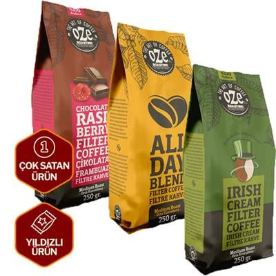 Aromalı Filtre Kahve Tanışma Seti Irish Cream, All Day Blend, Çikolata Frambuaz 3lü 250G