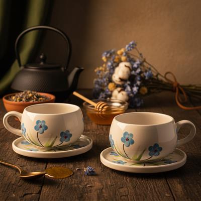 Oze Tabaklı Seramik Fincan 2li Set – No: 25 Menekşe Tasarımlı