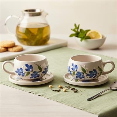 Oze Tabaklı Seramik Fincan 2li Set – No: 21 Mavi Çiçekli Tasarım  