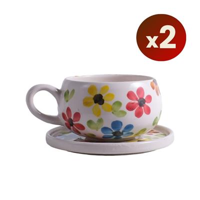 Oze Tabaklı Seramik Fincan 2li Set – No: 23 Renkli Çiçekli Tasarım  