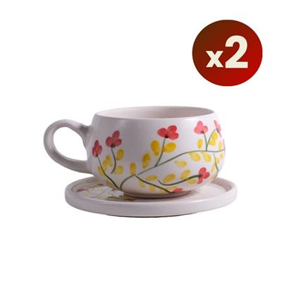 Oze Tabaklı Seramik Fincan 2li Set – No: 22 Pembe Çiçekli Tasarım  