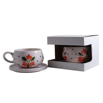 Oze Tabaklı Seramik Fincan 2li Set – No: 24 Kırmızı Çiçekli Tasarım  