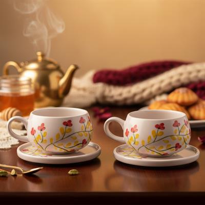 Oze Tabaklı Seramik Fincan 2li Set – No: 22 Pembe Çiçekli Tasarım  