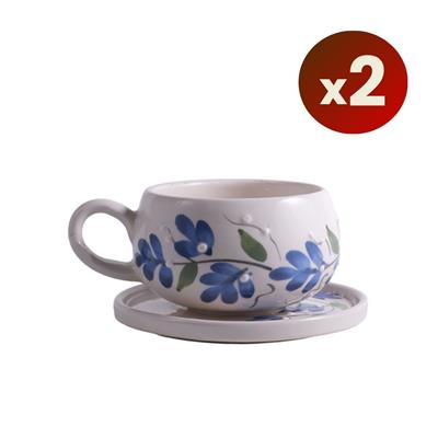 Oze Tabaklı Seramik Fincan 2li Set – No: 21 Mavi Çiçekli Tasarım  