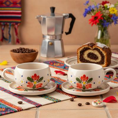 Oze Tabaklı Seramik Fincan 2li Set – No: 24 Kırmızı Çiçekli Tasarım  