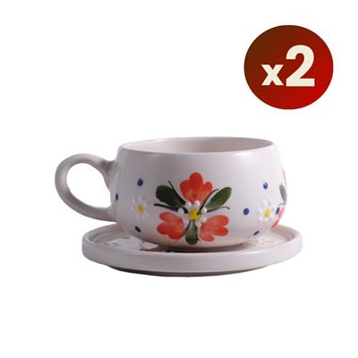Oze Tabaklı Seramik Fincan 2li Set – No: 24 Kırmızı Çiçekli Tasarım  