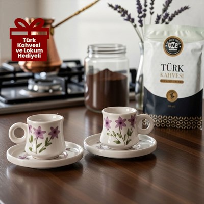 Oze Türk Kahvesi Fincan Seti – No: 03 Mor Çiçekli Tasarım - 2li Türk Kahvesi Fincanı, Türk Kahvesi ve Lokum