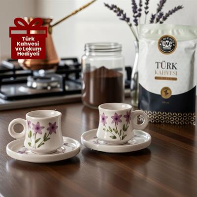 Oze Türk Kahvesi Fincan Seti – No: 03 Mor Çiçekli Tasarım - 2li Türk Kahvesi Fincanı, Türk Kahvesi ve Lokum