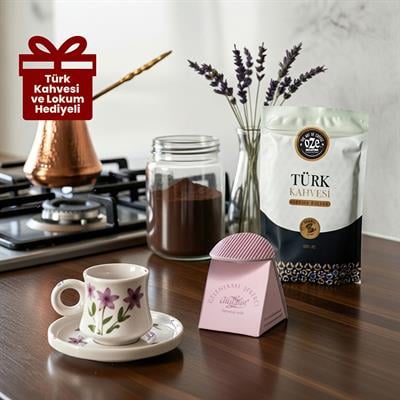 Oze Türk Kahvesi Fincan Seti – No: 03 Mor Çiçekli Tasarım - 2li Türk Kahvesi Fincanı, Türk Kahvesi ve Lokum
