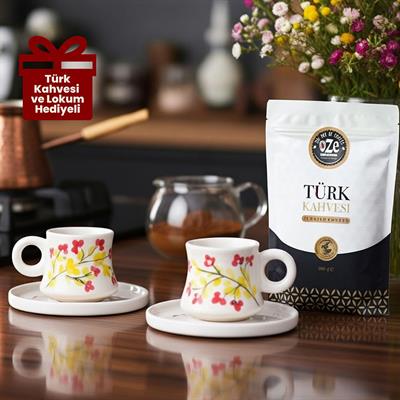 Oze Türk Kahvesi Fincan Seti – No: 05 Pembe Tasarım - 2li Türk Kahvesi Fincanı, Türk Kahvesi ve Lokum
